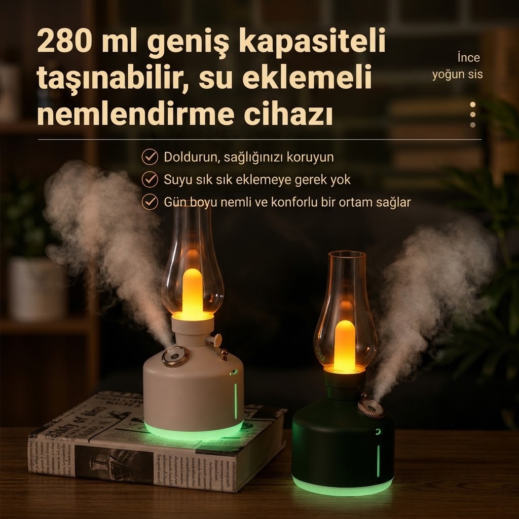 Şarj Edilebilir Dekoratif Lamba Kandil 280ML Oda Hava Nemlendirici Buhar Makinesi Koku Giderici