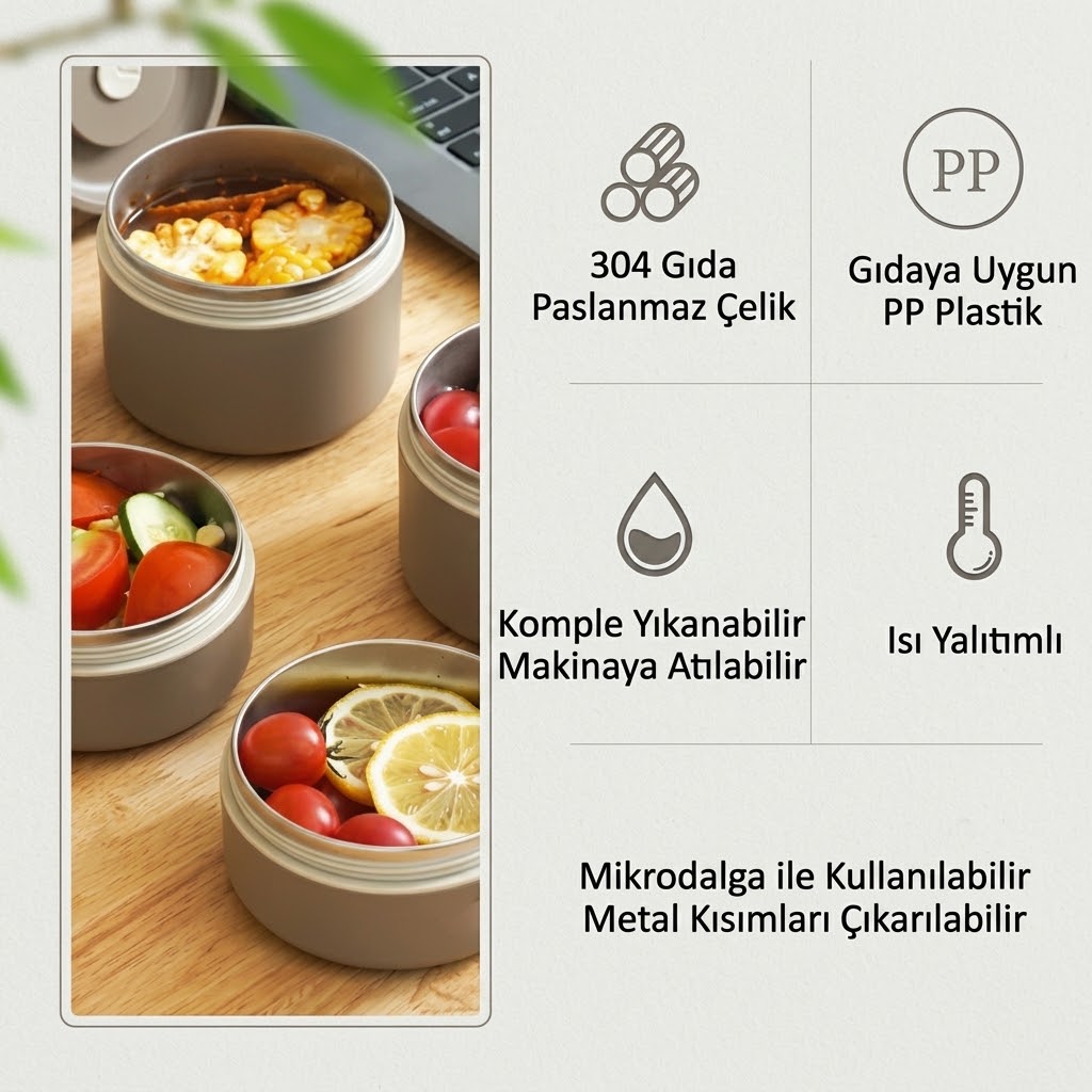 Paslanmaz Çelik Yemek Termosu Isı Yalıtımlı  4 LÜ Set 304 Çelik Kılıflı Çantalı