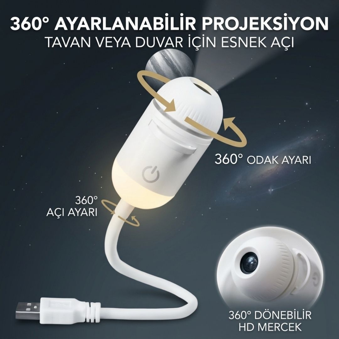 360° Ayarlanabilir USB Galaksi Projektör Gece Lambası - Değiştirilebilir Film Diskli